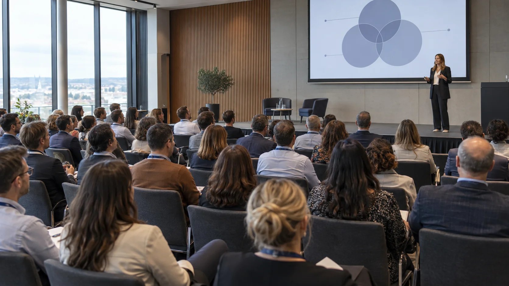 Keynote-Sprecherin vor sitzendem Fachpublikum in einem modernen Konferenzraum